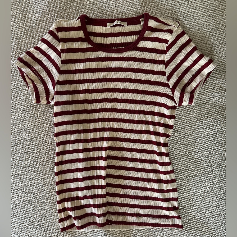 Doen Burgundy and Cream Striped Short Sleeve Tee